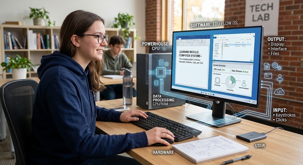 A complete computer system setup showing a monitor, keyboard, mouse, CPU tower, storage device, and user interaction.