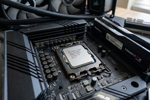 Realistic close-up view of a modern CPU processor installed on a computer motherboard
