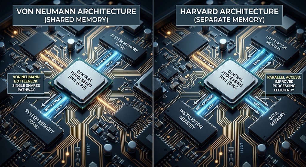 Von Neumann vs Harvard architecture comparison showing shared memory and separate instruction and data memory designs in computer systems.