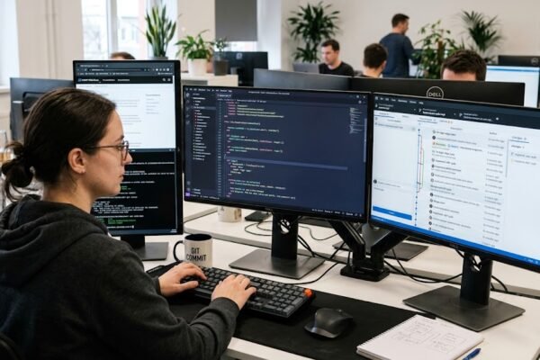 Developer using Git version control system to manage software code changes and project history