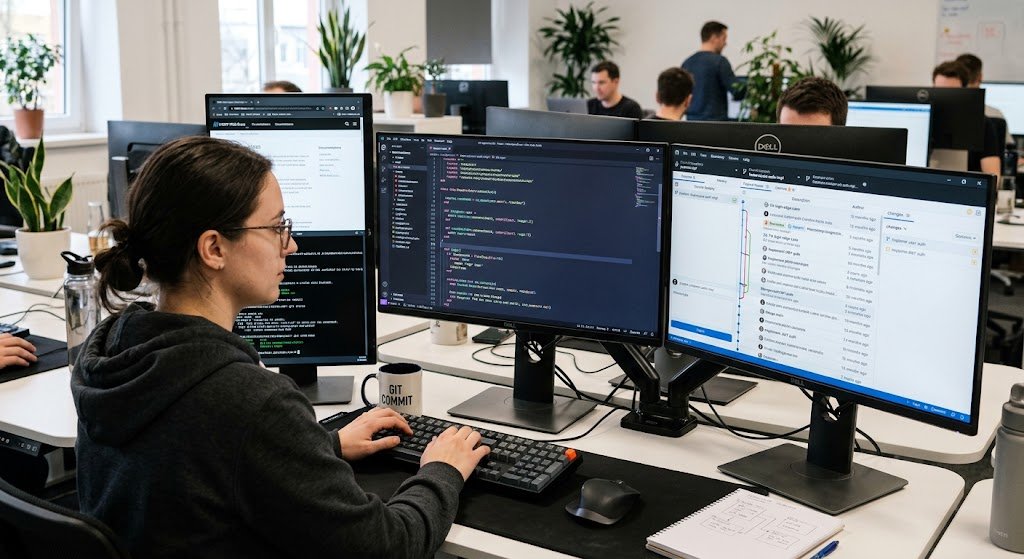 Version Control Systems: What They Are, How They Work, and Why Developers Use Git 1 Developer using Git version control system to manage software code changes and project history