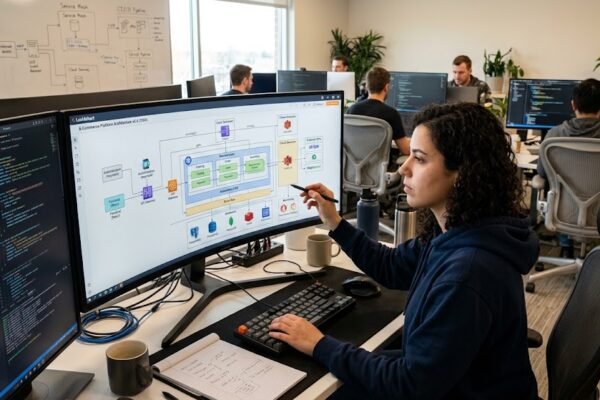 Software architect designing a scalable software architecture with cloud services, databases, APIs, and connected system components.