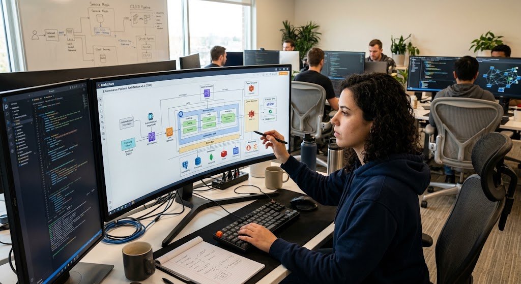 Software Architecture: Types, Patterns, Principles, and How to Choose the Right Architecture 5 Software architect designing a scalable software architecture with cloud services, databases, APIs, and connected system components.