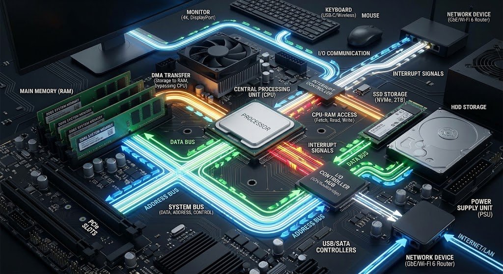 Realistic illustration of CPU, memory, storage, and I/O devices communicating through computer buses and data pathways.