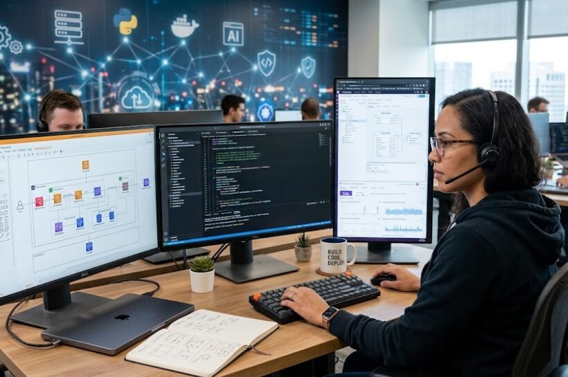 Software engineer developing applications with coding, cloud computing, and modern software engineering technologies