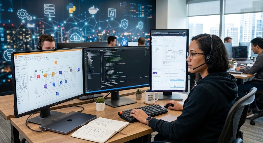 Top Software Engineering Skills Every Developer Needs to Succeed 6 Software engineer developing applications with coding, cloud computing, and modern software engineering technologies