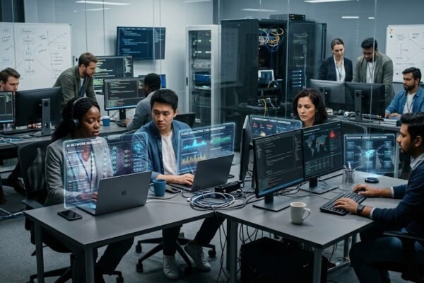 IT professionals working with artificial intelligence, cloud computing, cybersecurity, and emerging technologies in a futuristic technology workspace