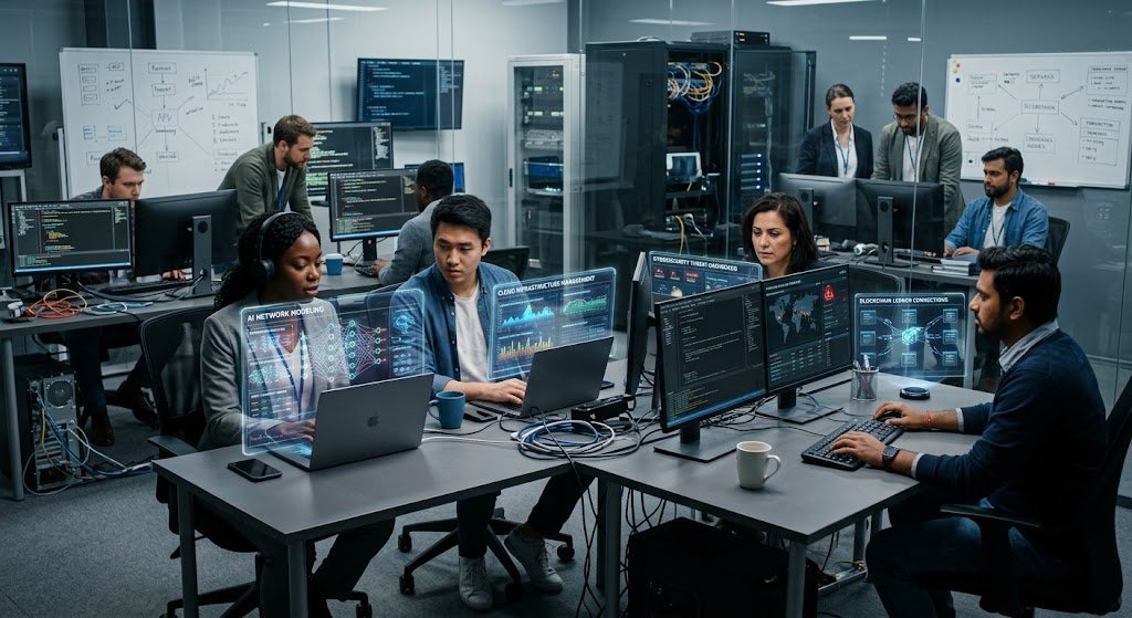 Top 10 Future-Proof IT Careers and Skills for the Next Decade 3 IT professionals working with artificial intelligence, cloud computing, cybersecurity, and emerging technologies in a futuristic technology workspace
