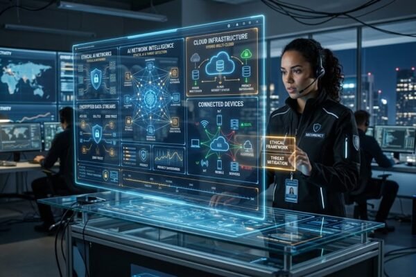 AI-powered cybersecurity system protecting data privacy in emerging technologies