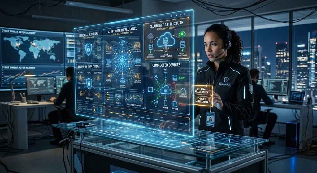 AI-powered cybersecurity system protecting data privacy in emerging technologies