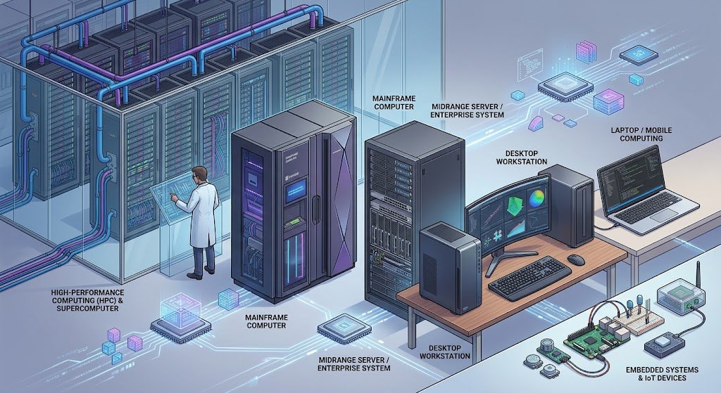 Types of computers from supercomputers and mainframes to microcomputers and embedded systems