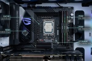 Modern computer motherboard showing RAM, CPU, cache, ROM, and storage components