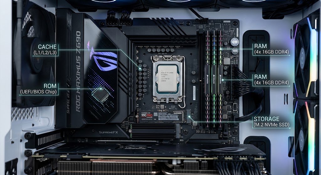 Computer Memory Explained: RAM vs ROM, Cache Memory, and Storage Types 2 Modern computer motherboard showing RAM, CPU, cache, ROM, and storage components