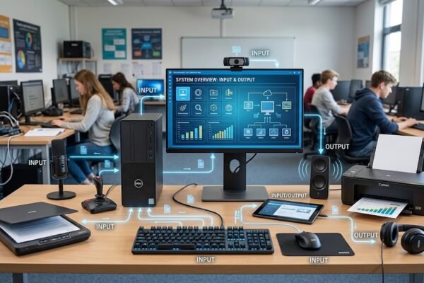 Realistic computer setup showing input and output devices including keyboard, mouse, monitor, scanner, printer, speakers, and touchscreen tablet.