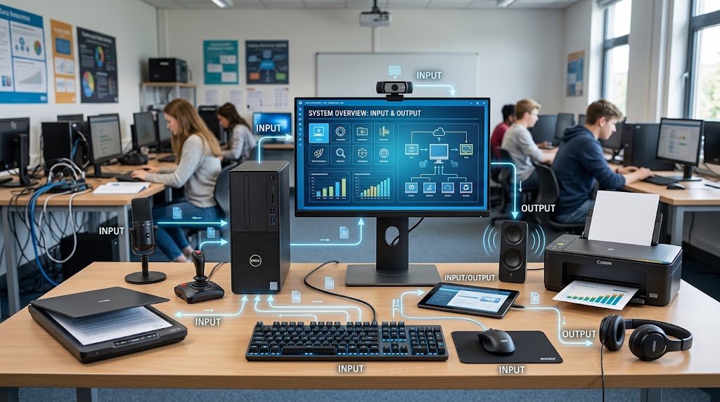 Realistic computer setup showing input and output devices including keyboard, mouse, monitor, scanner, printer, speakers, and touchscreen tablet.