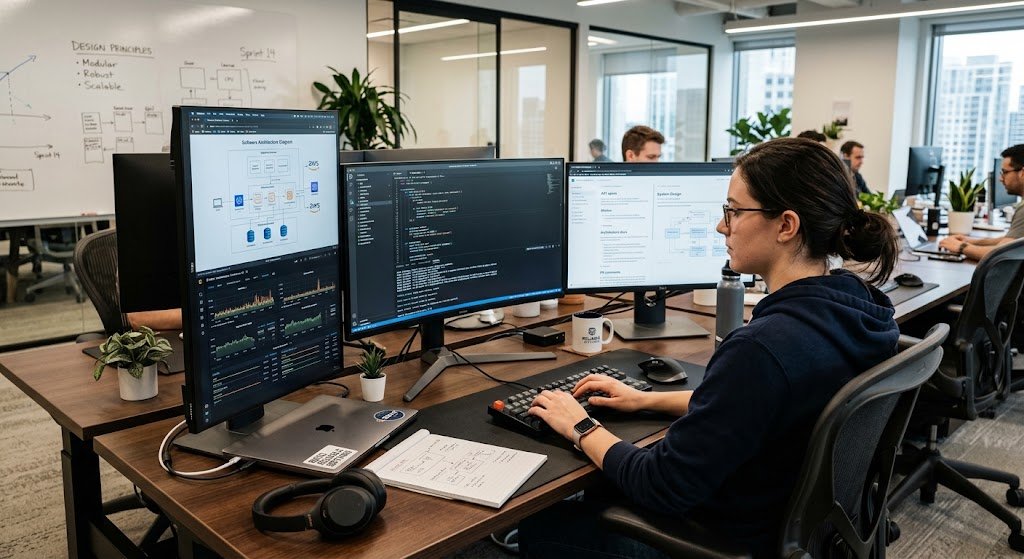What Is Software Engineering? A Complete Guide to Principles, Processes, and Career Opportunities 2 Software engineer working on code and software architecture in a modern technology workspace