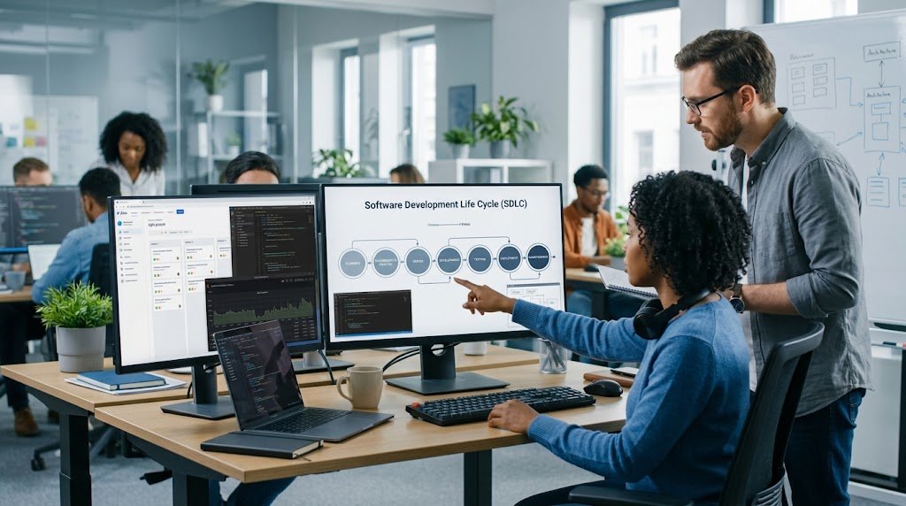 Software Development Life Cycle (SDLC): Phases, Models, and Best Practices Explained 5 Software Development Life Cycle concept showing software planning, coding, testing, deployment, and maintenance process.