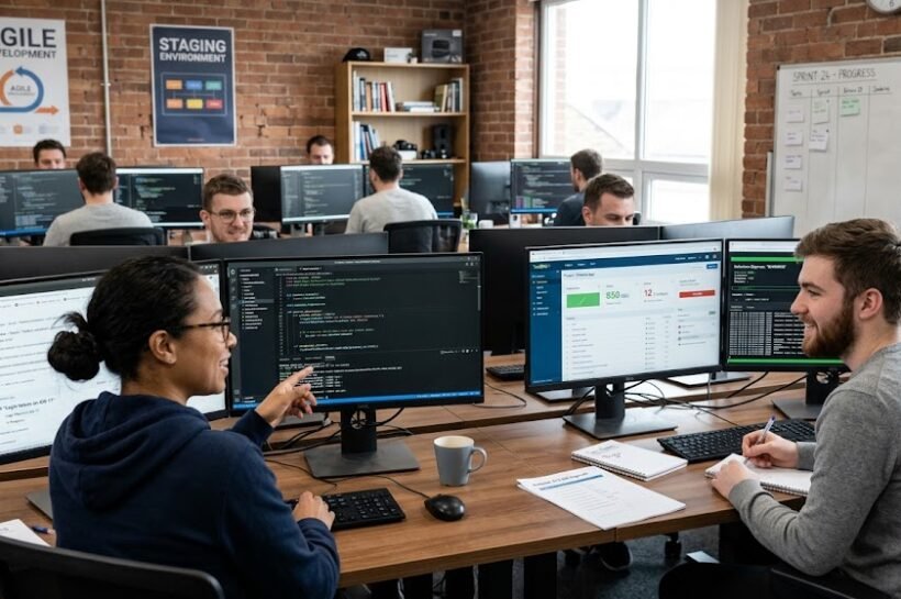 Software developers and QA engineers analyzing software testing results and code quality on computer screens