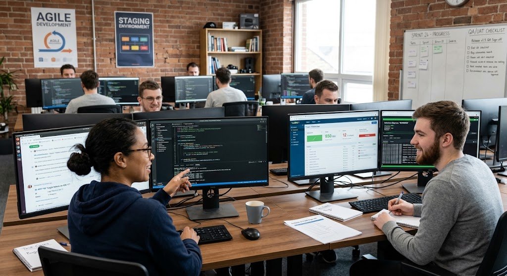 Software Testing: Types, Techniques, Tools, and Best Practices for Developers 1 Software developers and QA engineers analyzing software testing results and code quality on computer screens