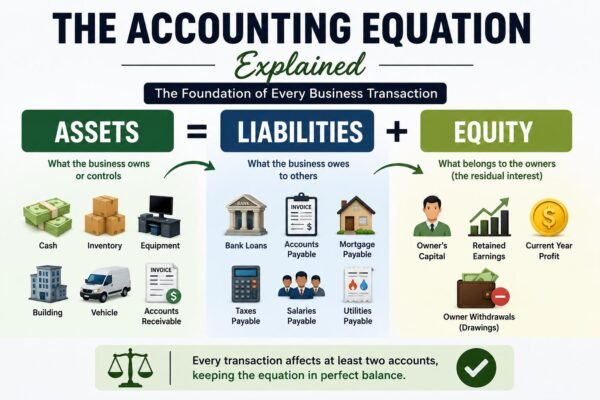 Accounting equation explained with assets, liabilities, and equity illustrated using practical business examples.