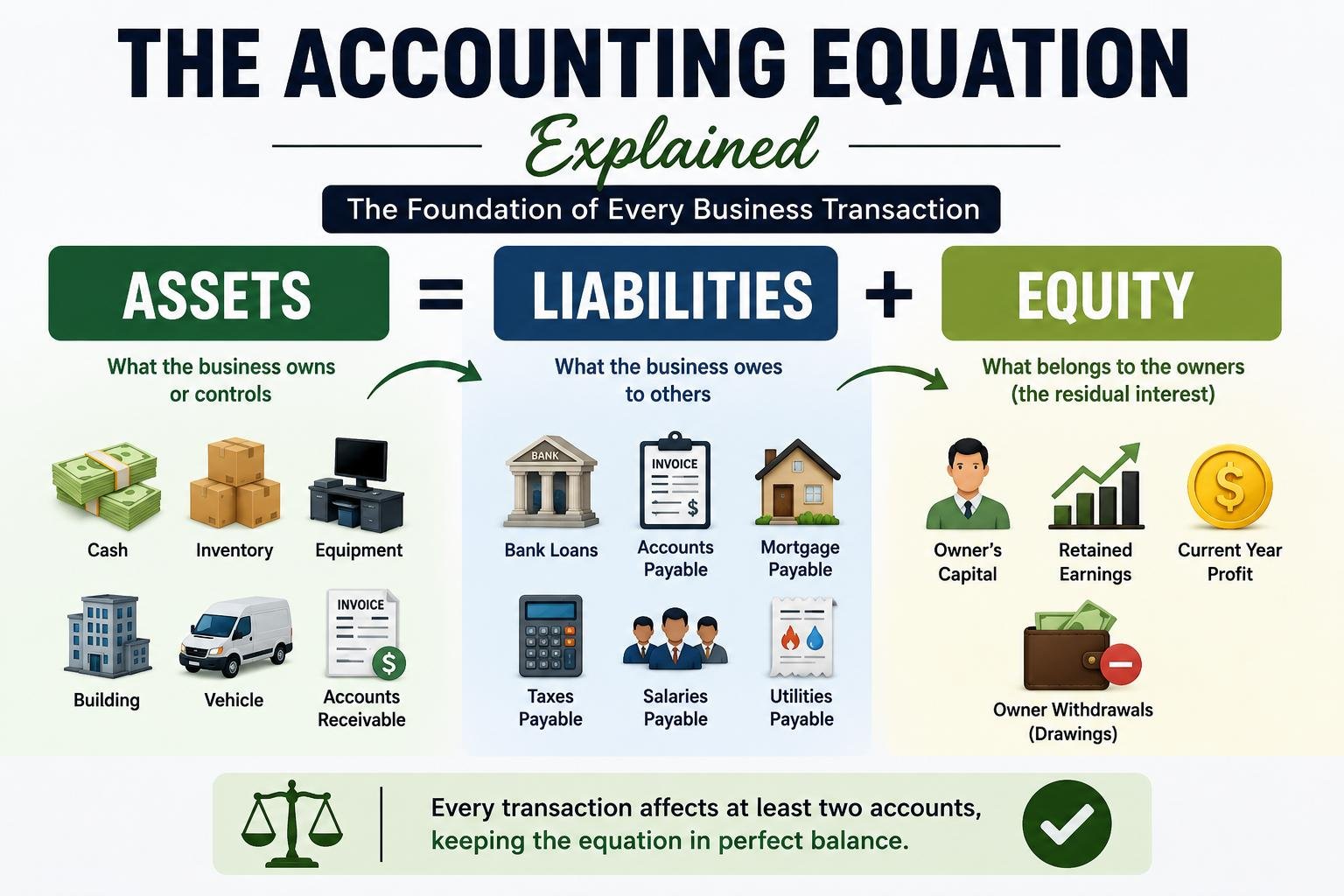 Accounting equation explained with assets, liabilities, and equity illustrated using practical business examples.