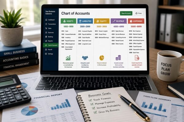 Chart of accounts displayed in accounting software showing the five main account categories for a small business.