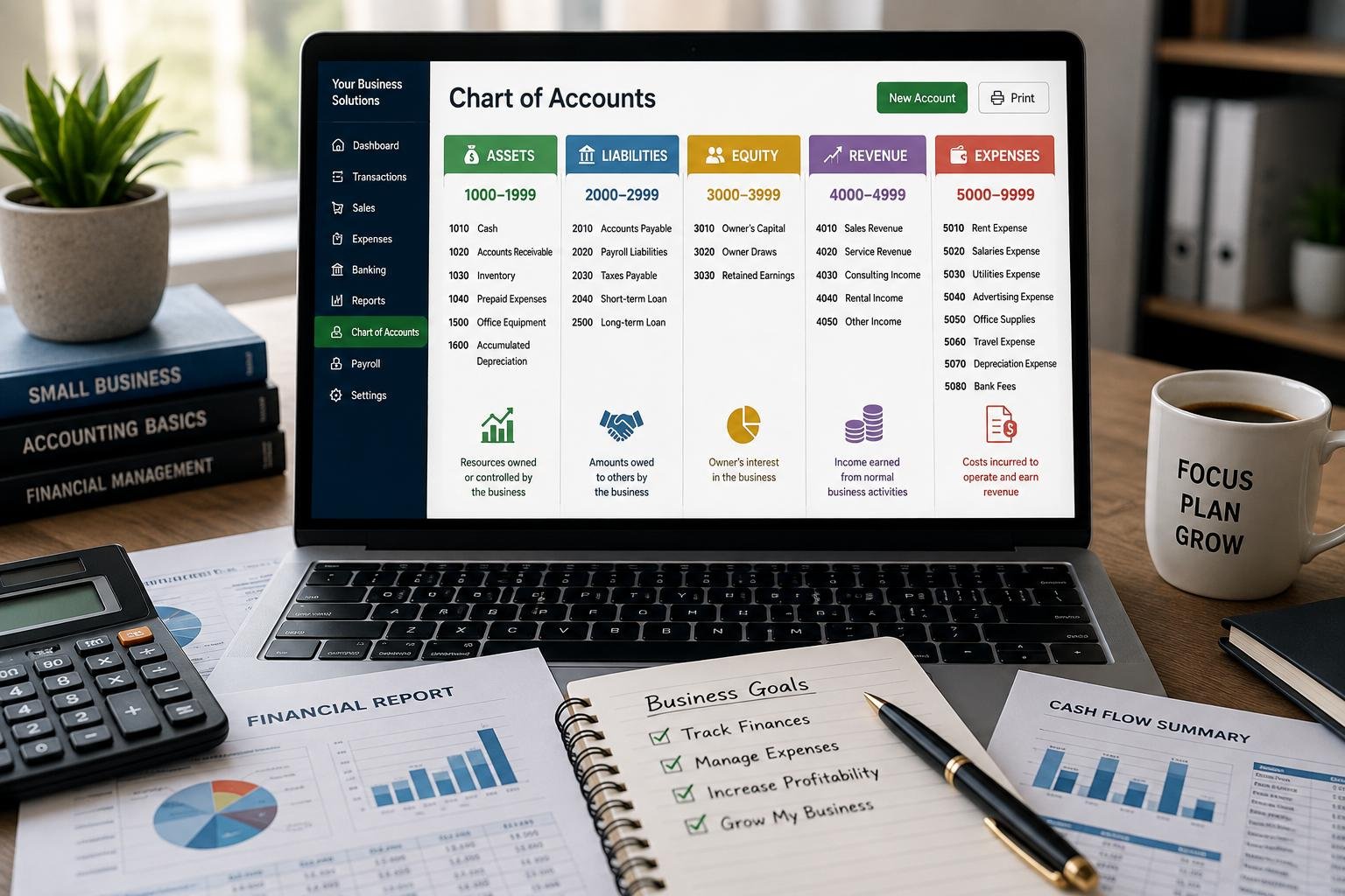 Chart of accounts displayed in accounting software showing the five main account categories for a small business.