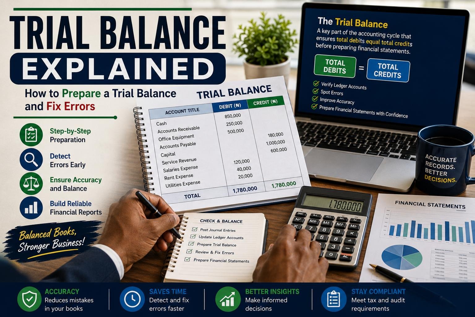 Accountant preparing a trial balance with ledger accounts, debit and credit balances, calculator, and financial reports.