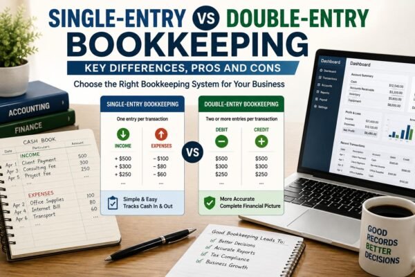 Single-entry vs double-entry bookkeeping comparison showing ledger books and accounting software.