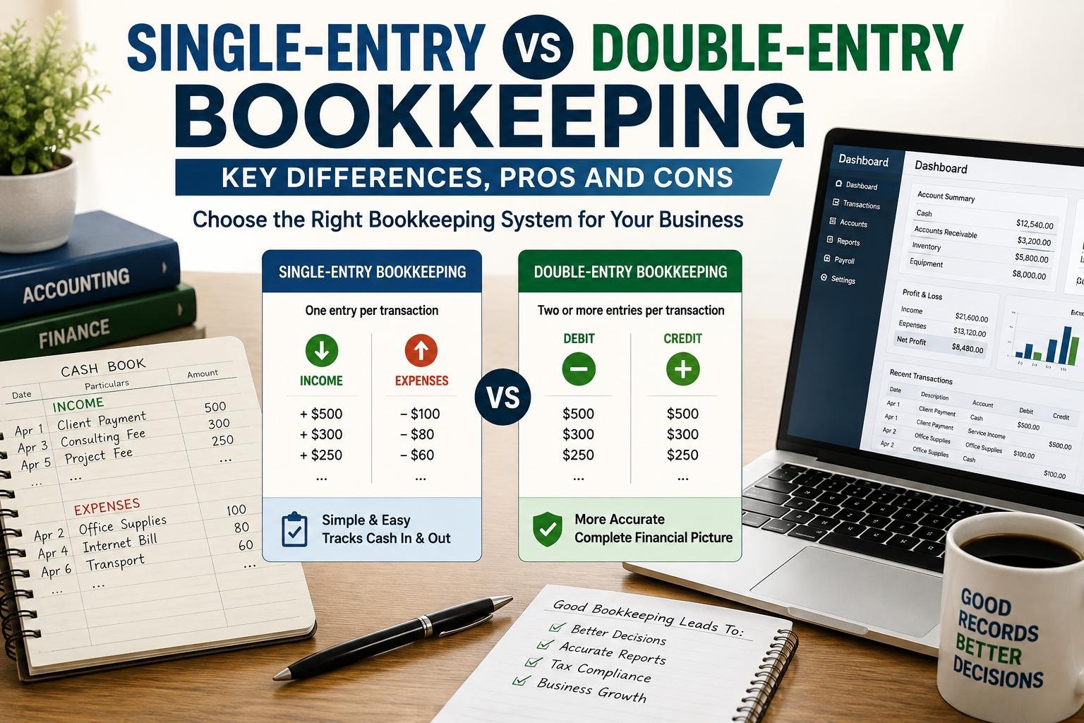 Single-entry vs double-entry bookkeeping comparison showing ledger books and accounting software.