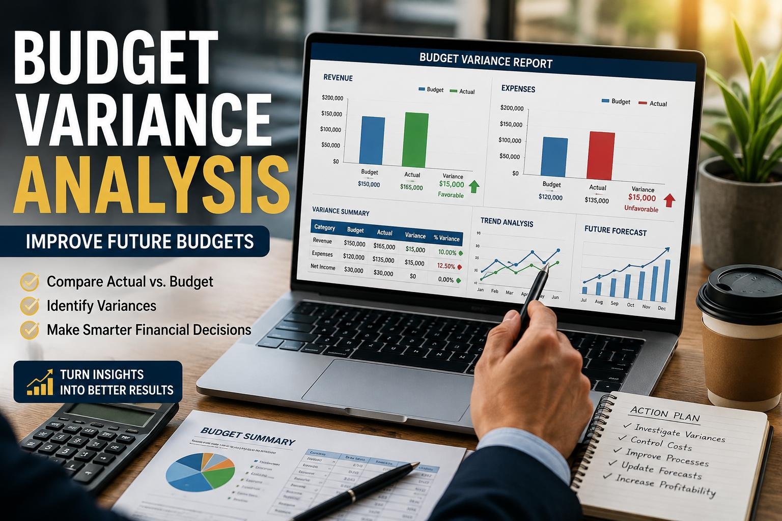 Financial manager reviewing budget variance analysis to improve future budgets