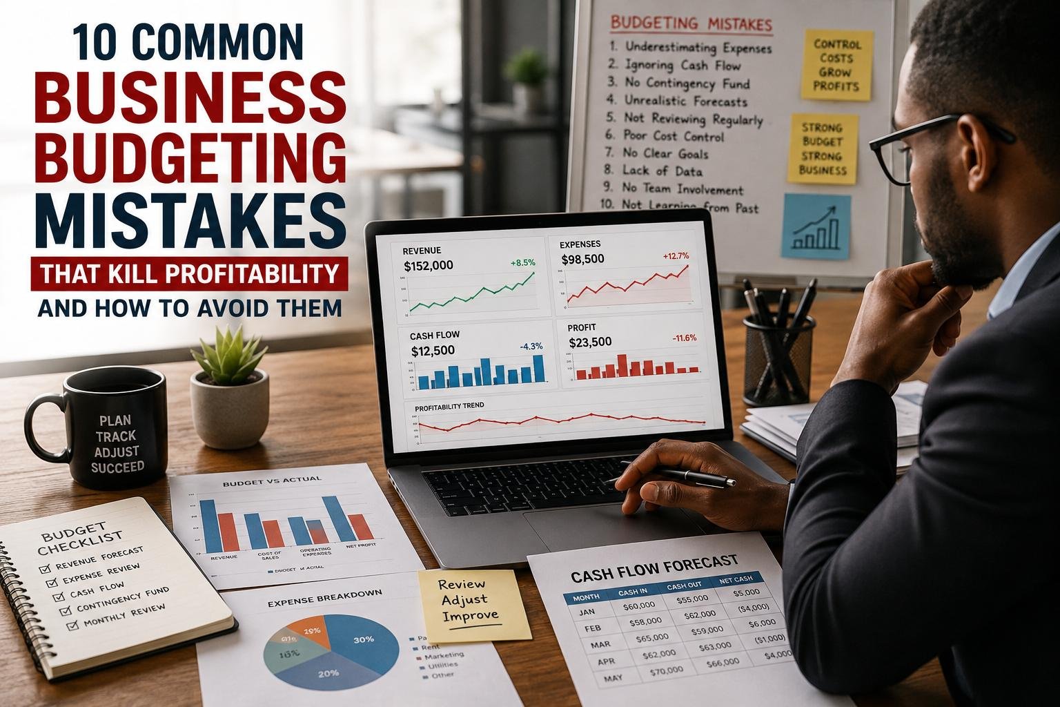 Business owner reviewing financial budget, expenses, cash flow, and profitability charts