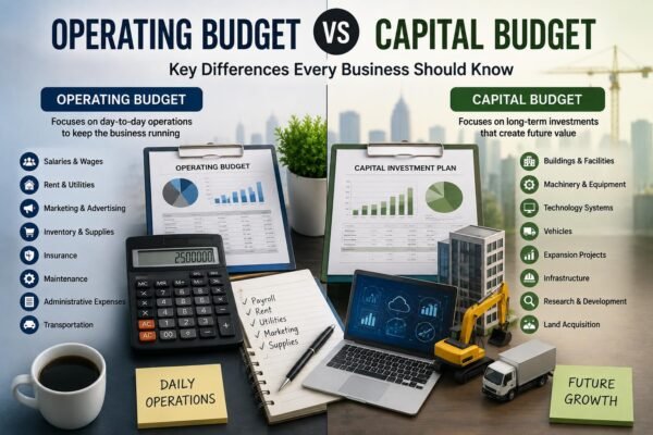 Operating budget vs capital budget showing daily expenses and long-term business investments