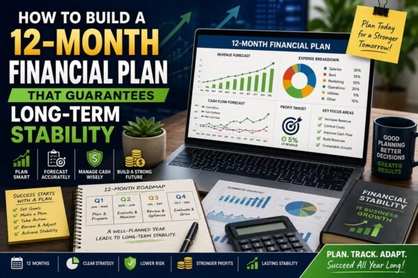 Business owner reviewing a 12-month financial plan for long-term stability