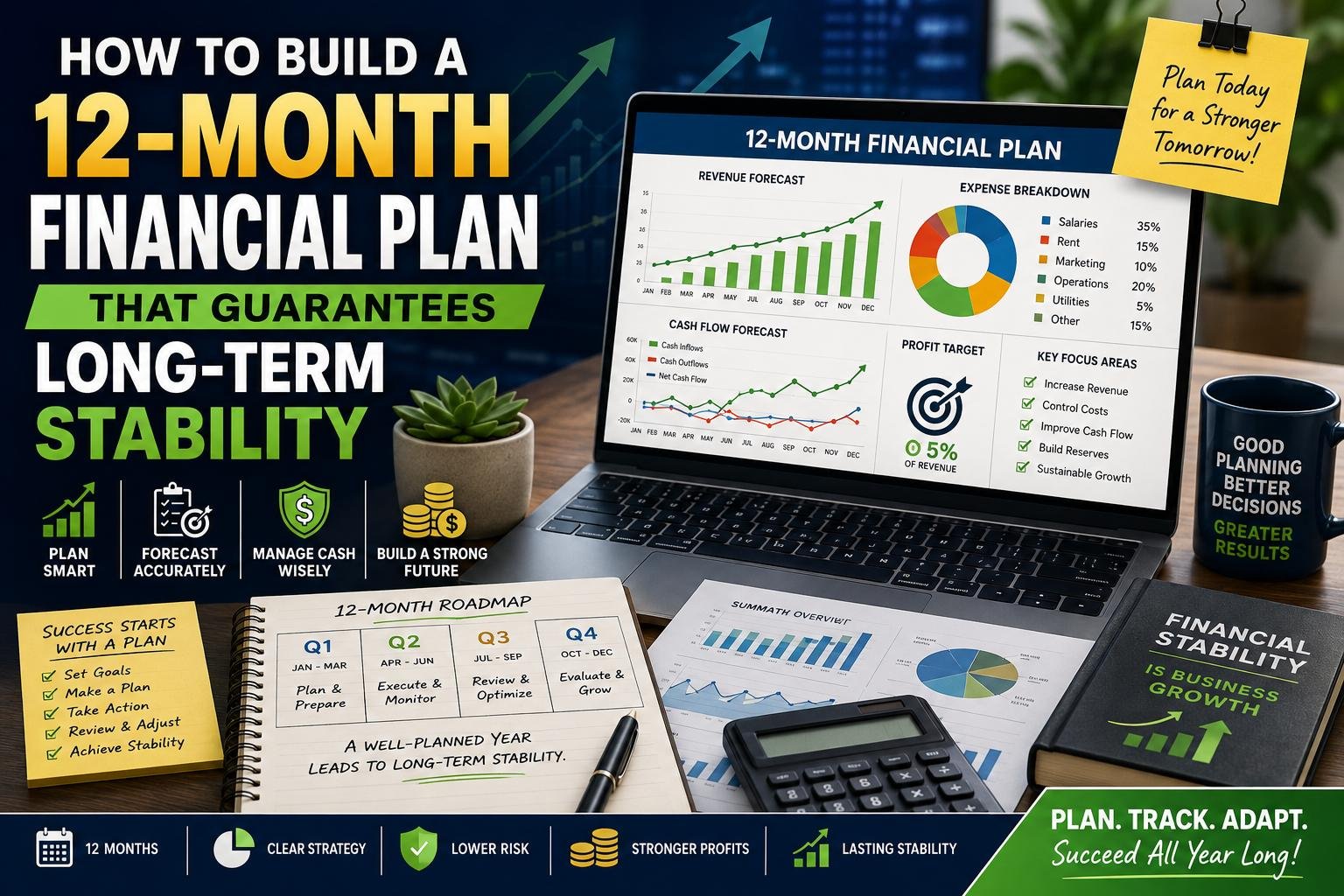 Business owner reviewing a 12-month financial plan for long-term stability