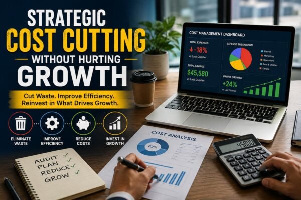 Business manager reviewing strategic cost cutting, savings, and growth financial charts