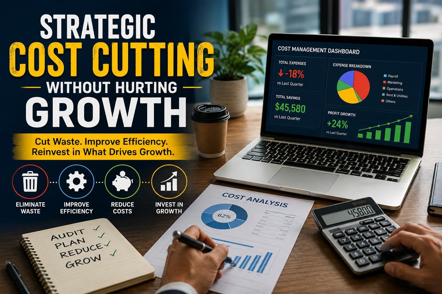 Business manager reviewing strategic cost cutting, savings, and growth financial charts