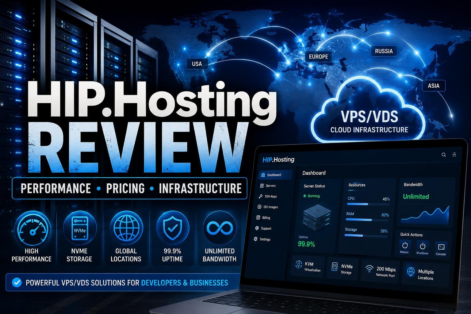 HIP.Hosting Review: Performance, Pricing, Infrastructure & User Experience Tested 3 HIP.Hosting review showing VPS performance, pricing, infrastructure, and global server network