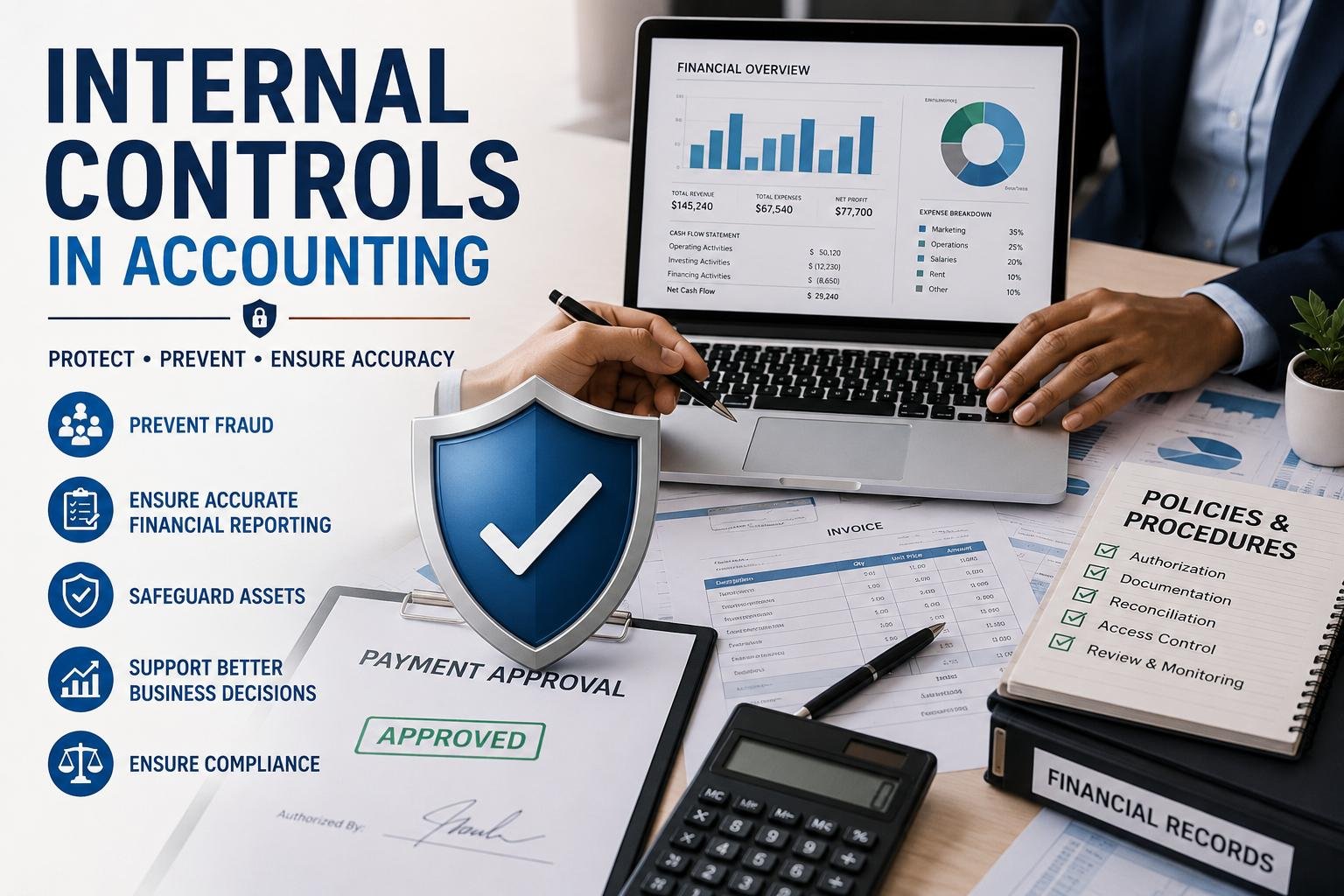 Accountant reviewing financial records with internal controls for business security