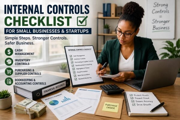 Small business owner reviewing an internal controls checklist for financial management