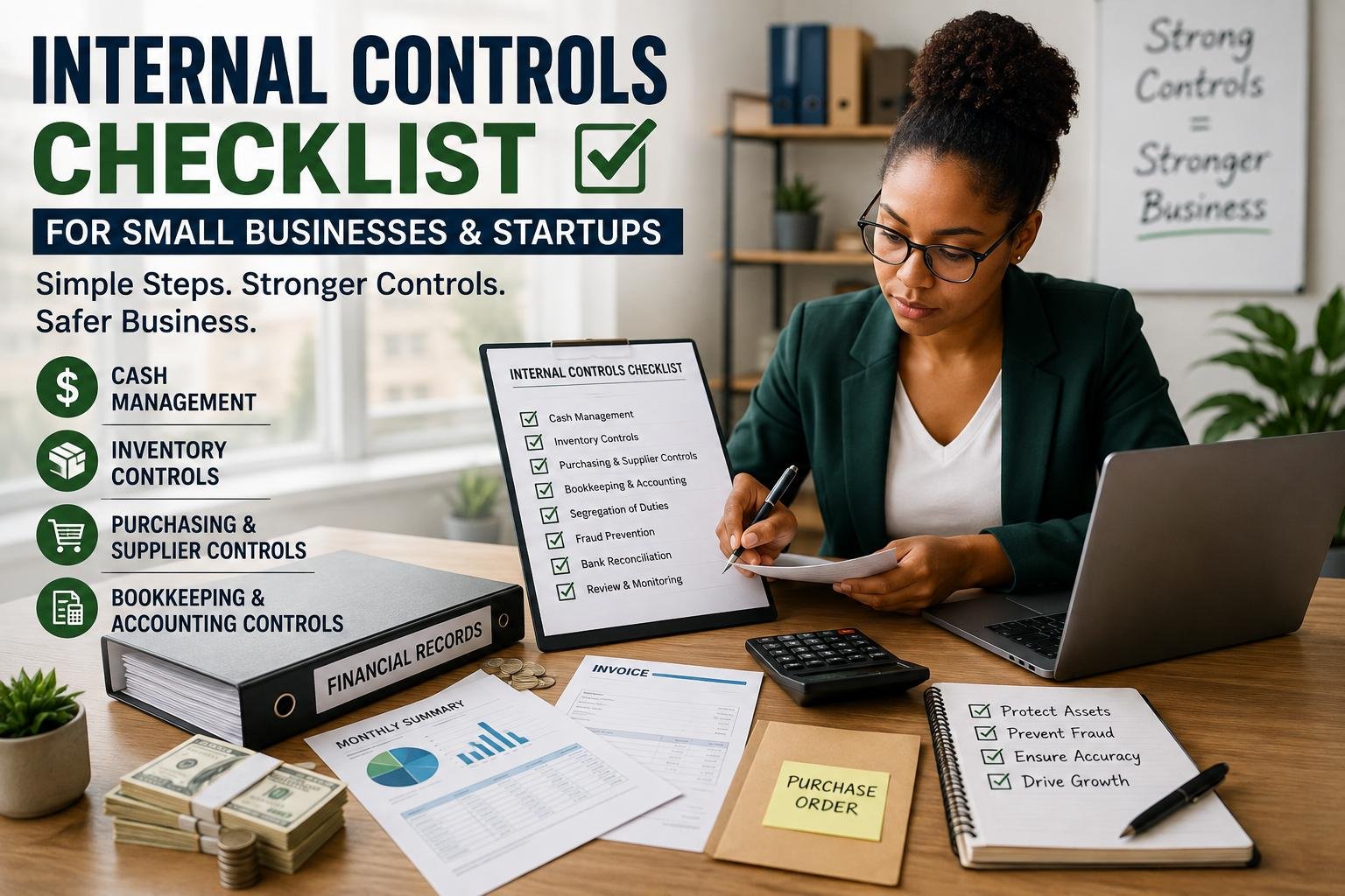 Small business owner reviewing an internal controls checklist for financial management