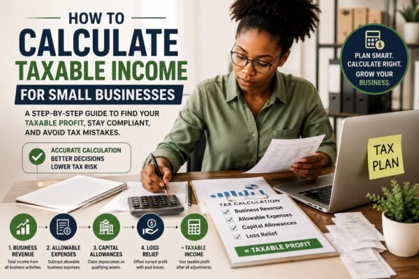Small business owner calculating taxable income using financial records and business expenses