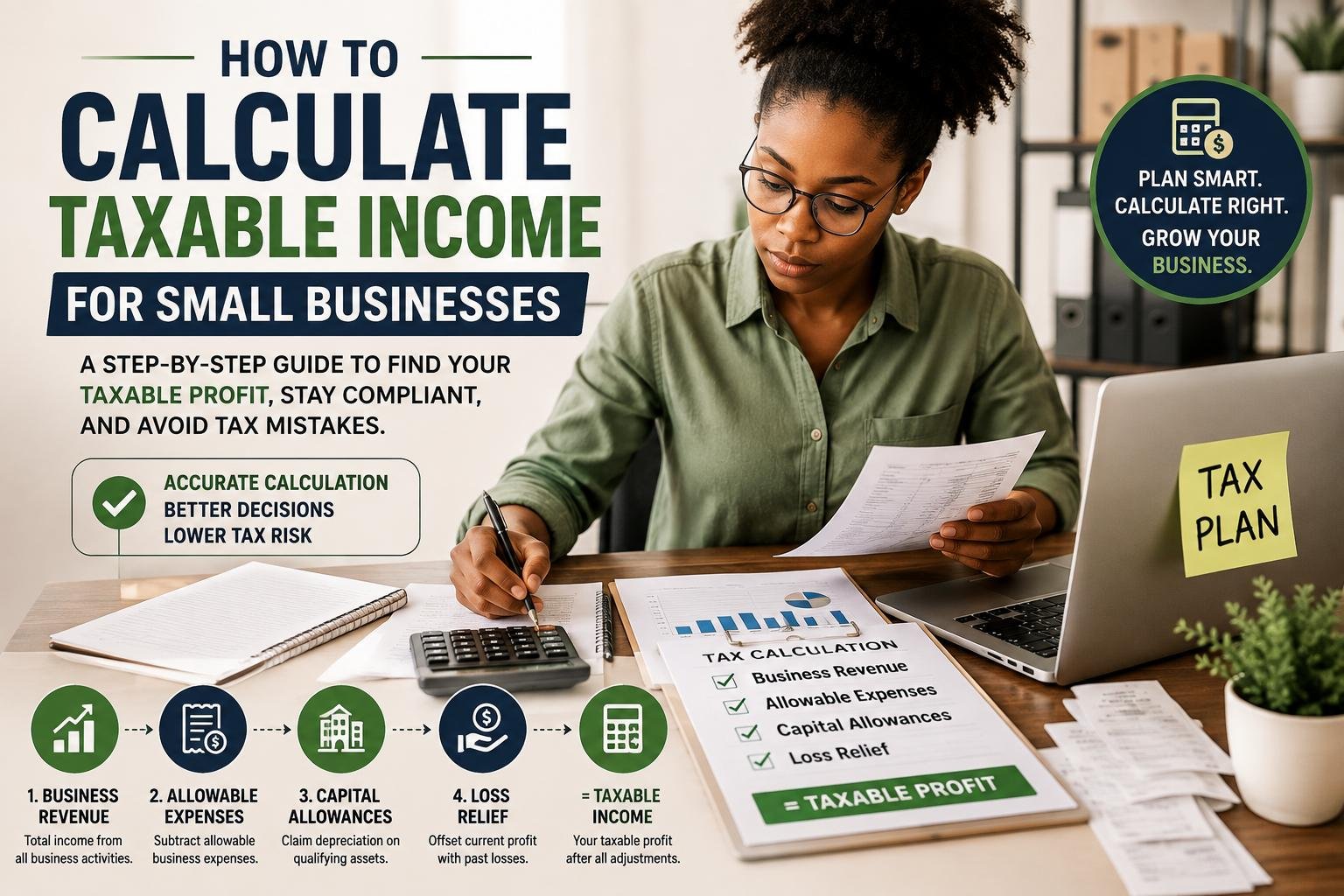 How to Calculate Taxable Income for Small Businesses: A Complete Step-by-Step Guide 2 Small business owner calculating taxable income using financial records and business expenses