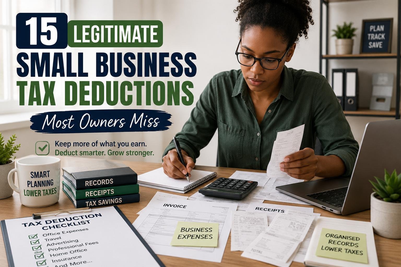 Small business owner reviewing tax deductions and business expenses
