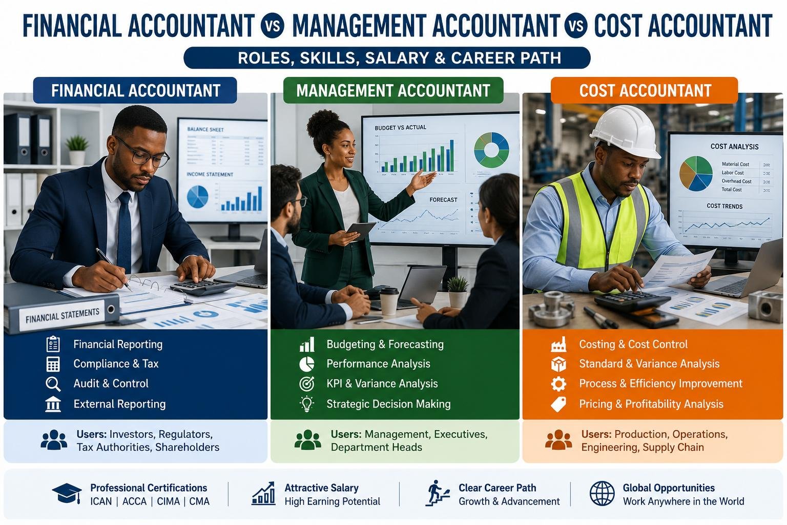 Financial Accountant vs Management Accountant vs Cost Accountant roles and career comparison