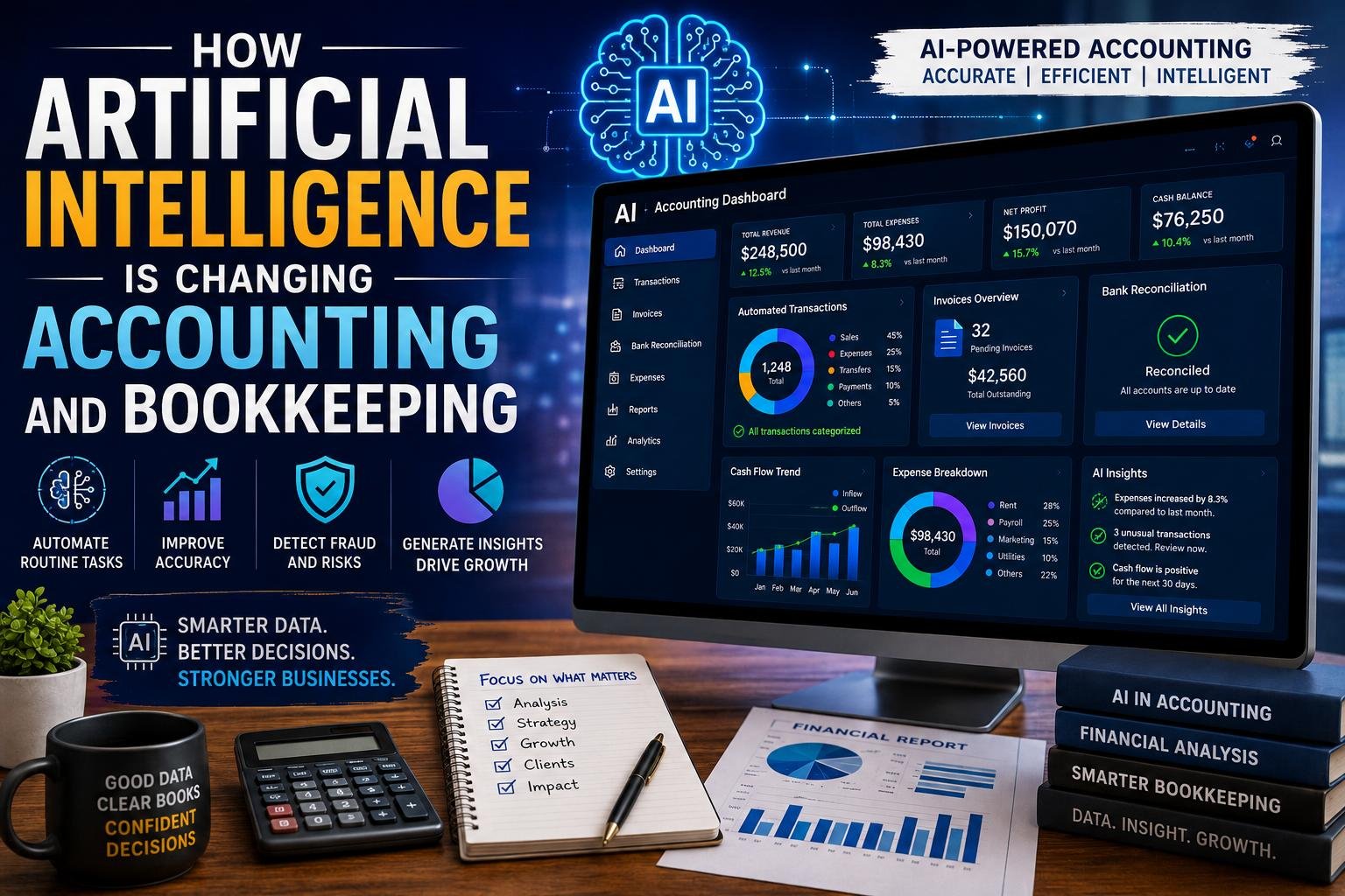 AI-powered accounting and bookkeeping dashboard with financial data and automated transactions