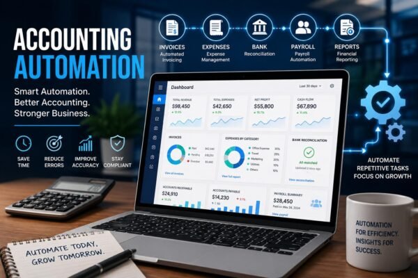 Accounting automation software managing invoices, expenses, payroll, bank reconciliation and financial reports