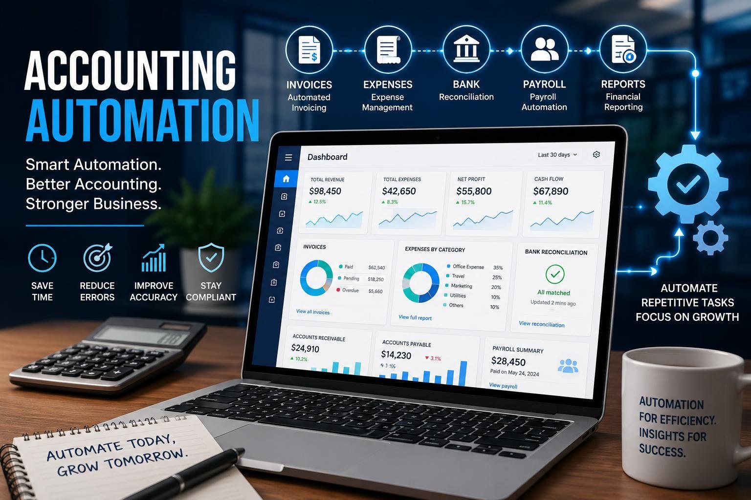 Accounting automation software managing invoices, expenses, payroll, bank reconciliation and financial reports
