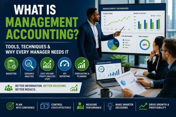 What is Management Accounting? Manager using budgeting, KPI reporting, and financial analysis tools