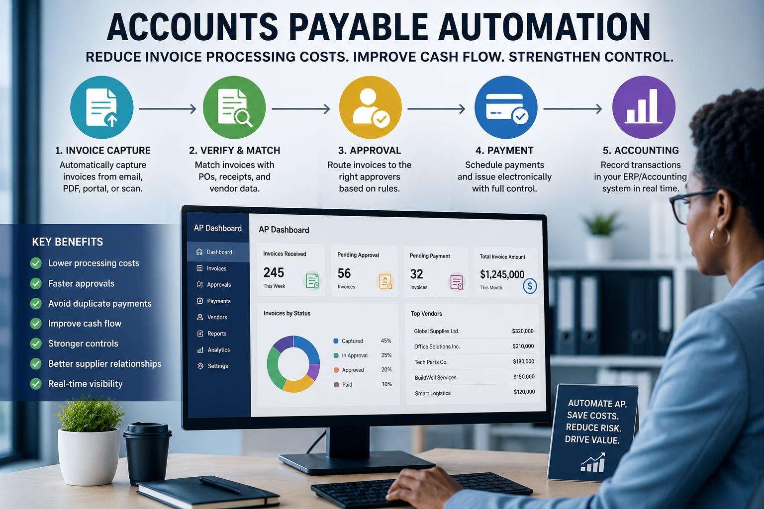 Accounts Payable Automation: How Businesses Can Reduce Invoice Processing Costs 5 Accounts payable automation system processing invoices and payments
